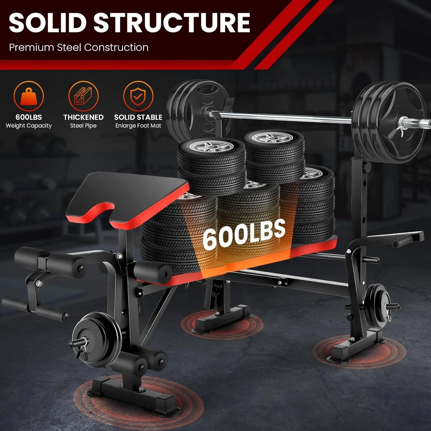 6 in 1 660lbs Weight Bench Set with Squat Press with Barbell Rack,