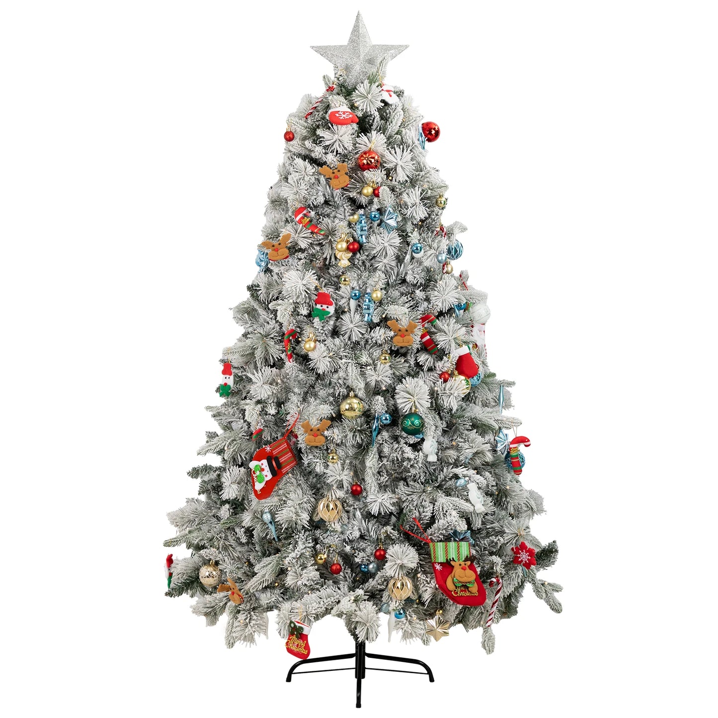 Kieperi 6&7 FT Artificial Flocked Christmas Tree with 800 Branch Tips, Snow Covered Full Xmas Tree with Foldable Metal Stand