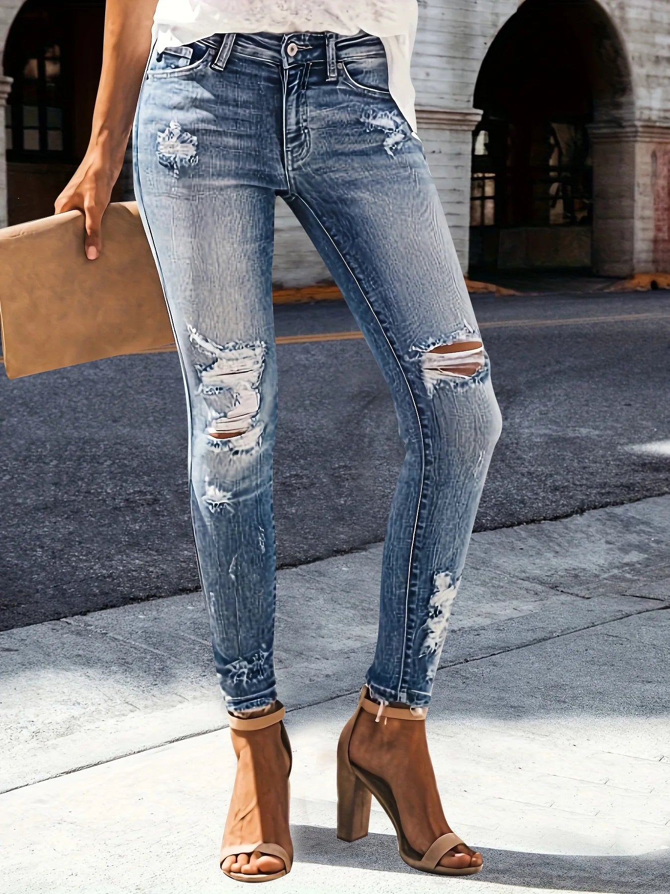 Women's High Waisted Ripped Tight Jeans