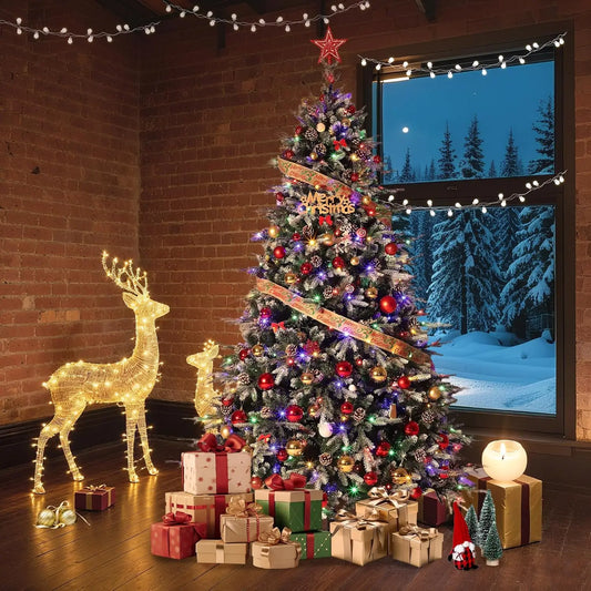 6Ft/7.5Ft/Pre-Lit Snow Flocked Christmas Tree 8-Modes LED Lights