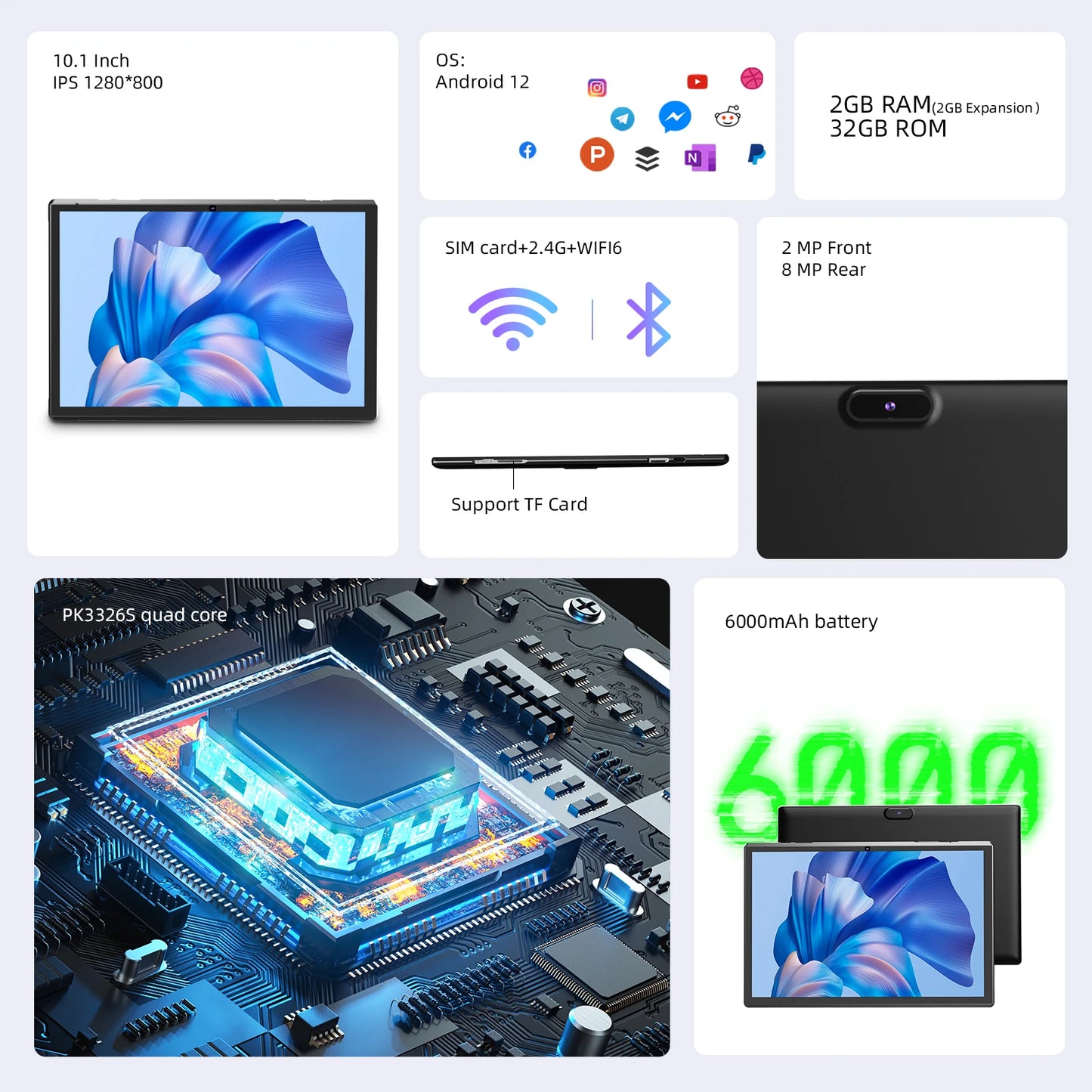 10 inch Android 14 Tablet, RK3326S 4-Core 4GB