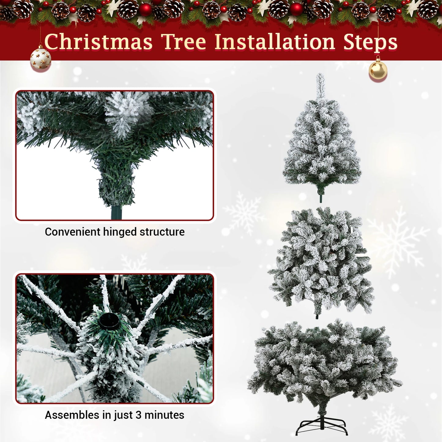 Kieperi 6&7 FT Artificial Flocked Christmas Tree with 800 Branch Tips, Snow Covered Full Xmas Tree with Foldable Metal Stand