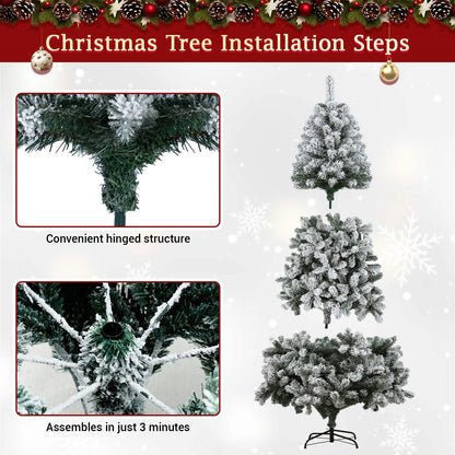 Kieperi 6&7 FT Artificial Flocked Christmas Tree with 800 Branch Tips, Snow Covered Full Xmas Tree with Foldable Metal Stand