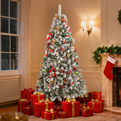 Kieperi 6&7 FT Artificial Flocked Christmas Tree with 800 Branch Tips, Snow Covered Full Xmas Tree with Foldable Metal Stand