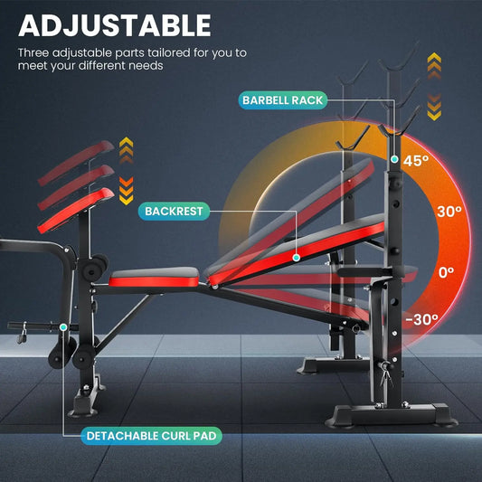 6 in 1 660lbs Weight Bench Set with Squat Press with Barbell Rack,