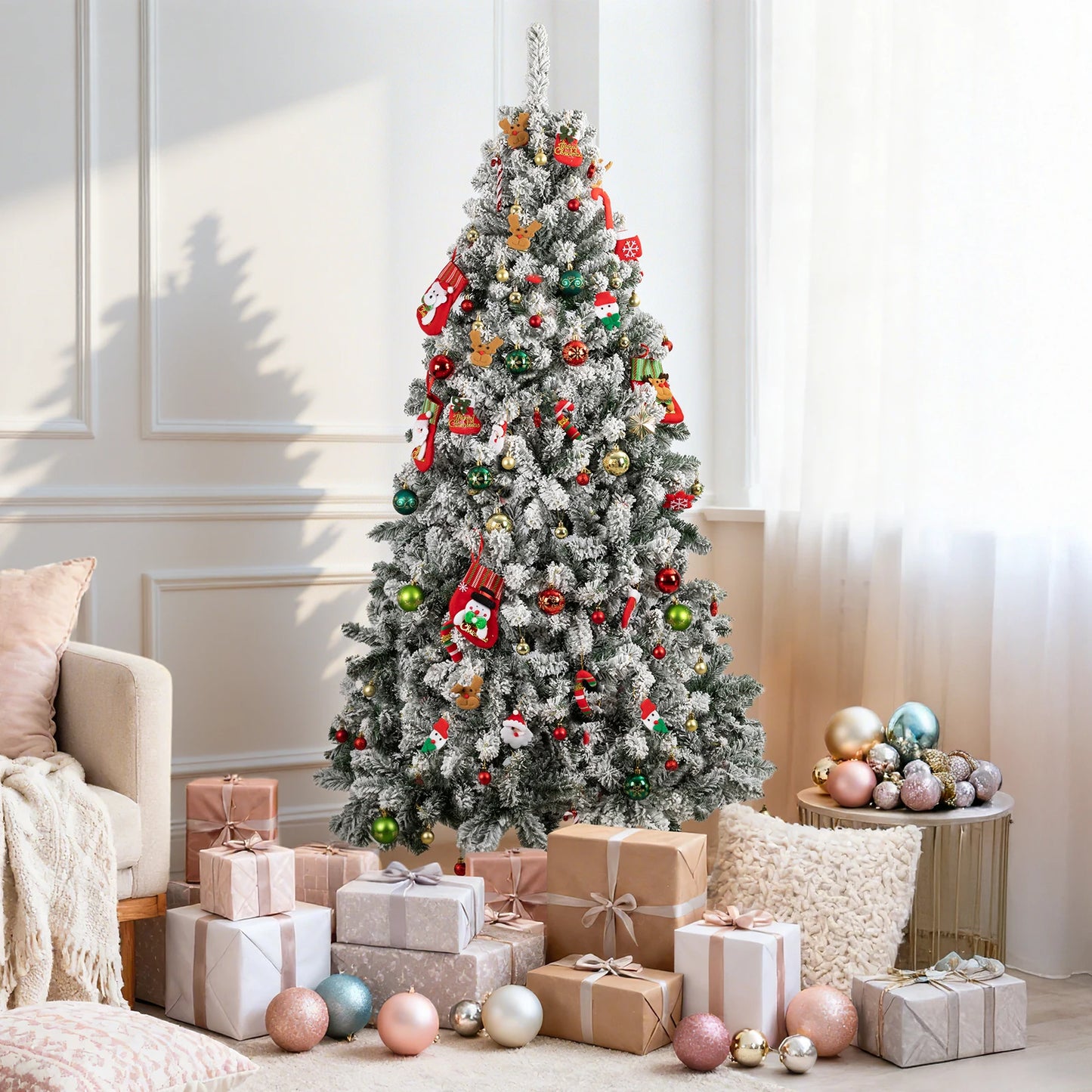 Kieperi 6&7 FT Artificial Flocked Christmas Tree with 800 Branch Tips, Snow Covered Full Xmas Tree with Foldable Metal Stand