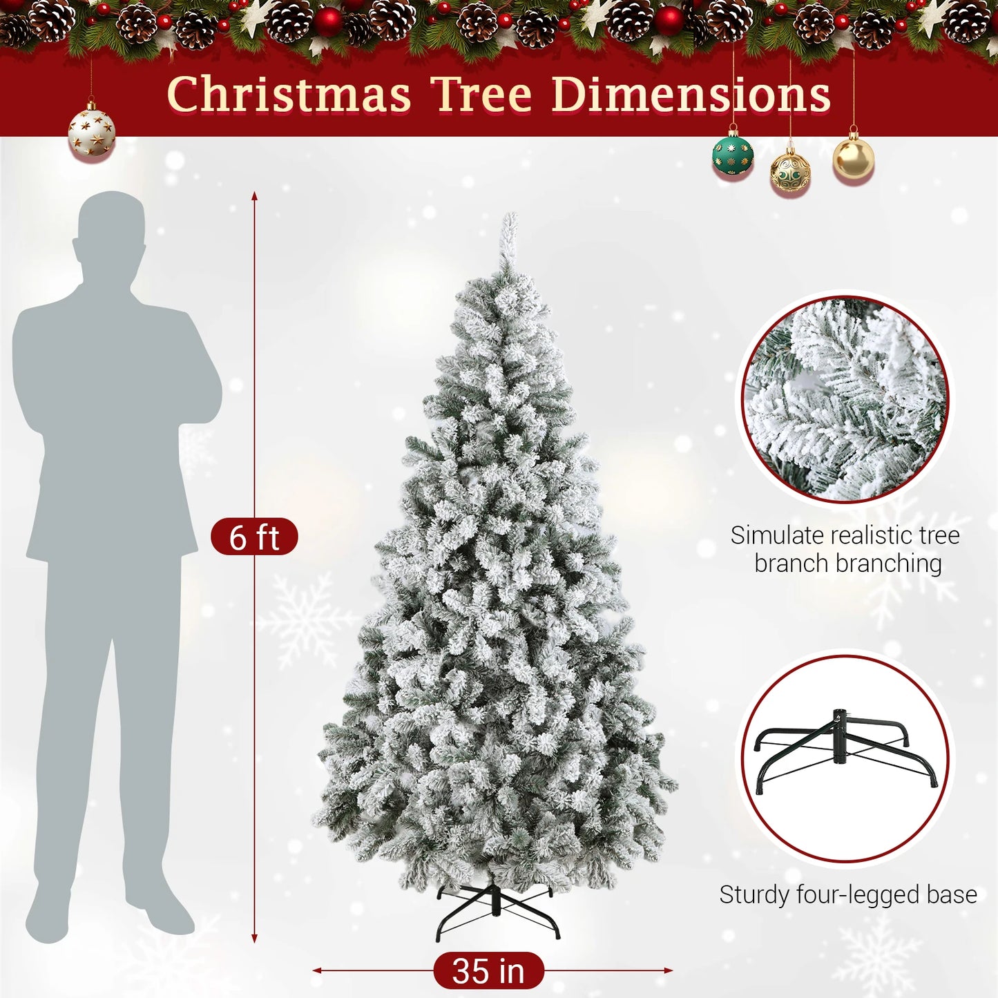 Kieperi 6&7 FT Artificial Flocked Christmas Tree with 800 Branch Tips, Snow Covered Full Xmas Tree with Foldable Metal Stand