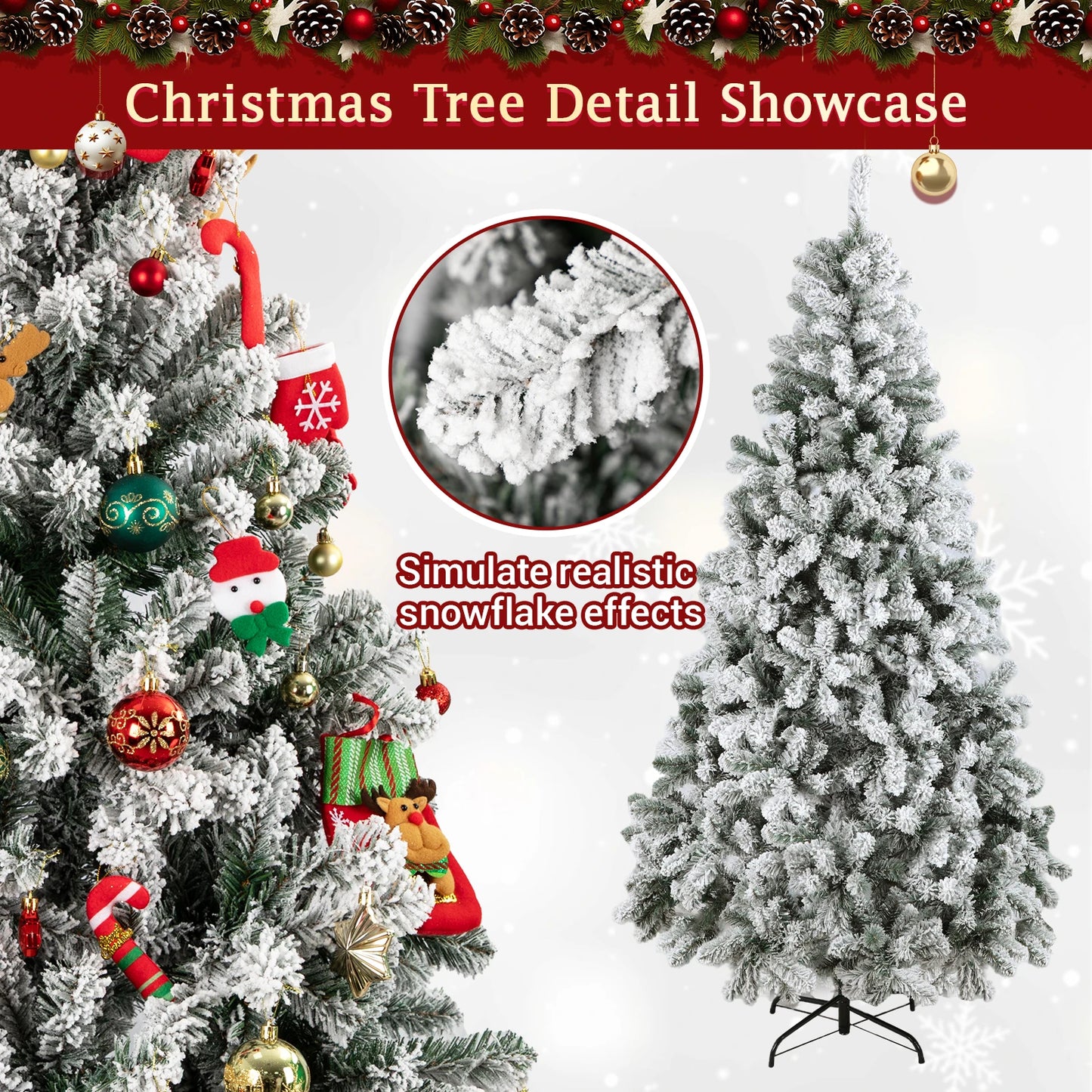 Kieperi 6&7 FT Artificial Flocked Christmas Tree with 800 Branch Tips, Snow Covered Full Xmas Tree with Foldable Metal Stand