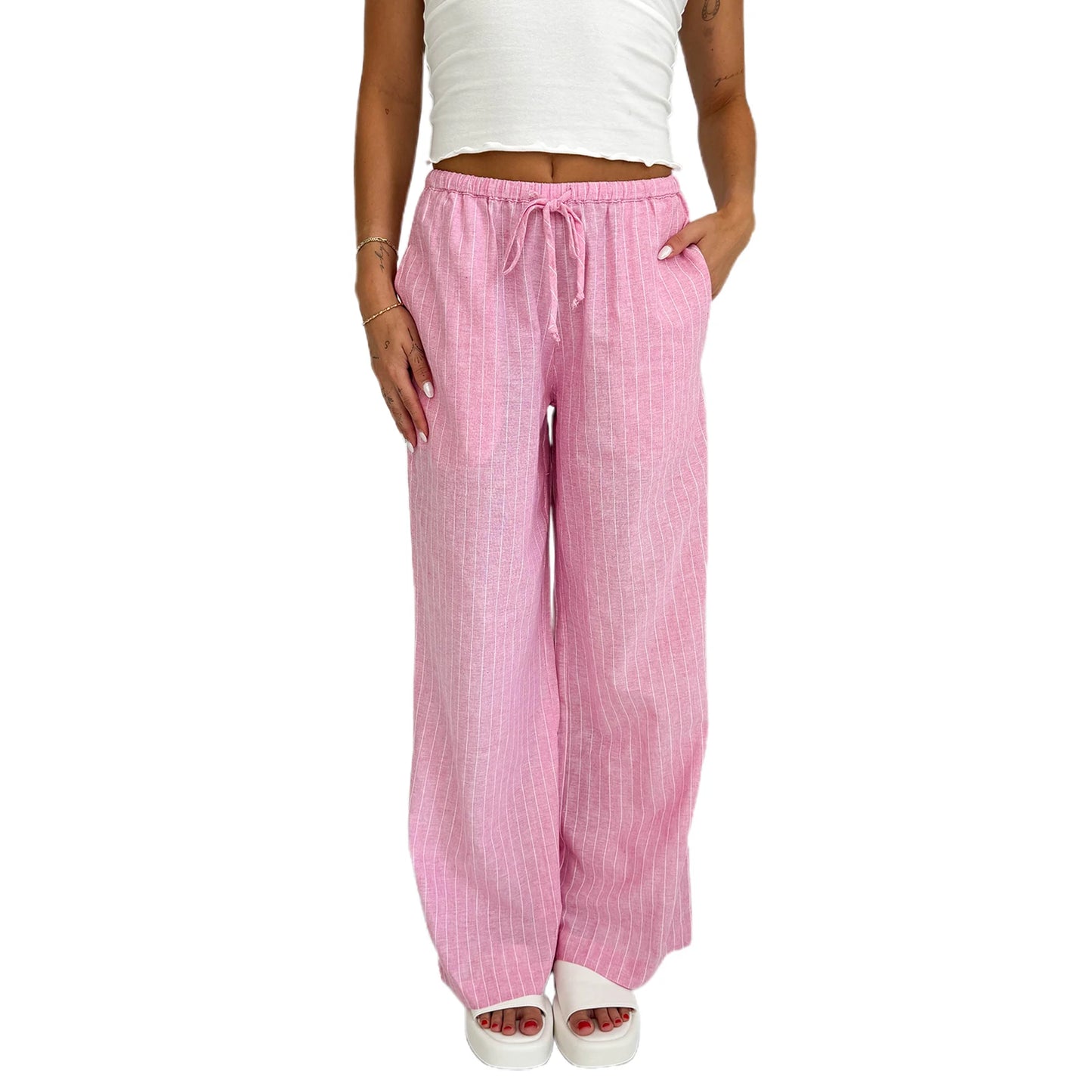 Women s Striped Loose Fit Pants with Drawstring Waist and Elastic Cuffs Lightweight Spring Fall Casual Trousers for Comfort