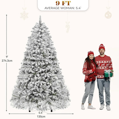 9ft Prelit Snow Flocked Christmas Tree with Remote Hinged Pine Christmas Tree