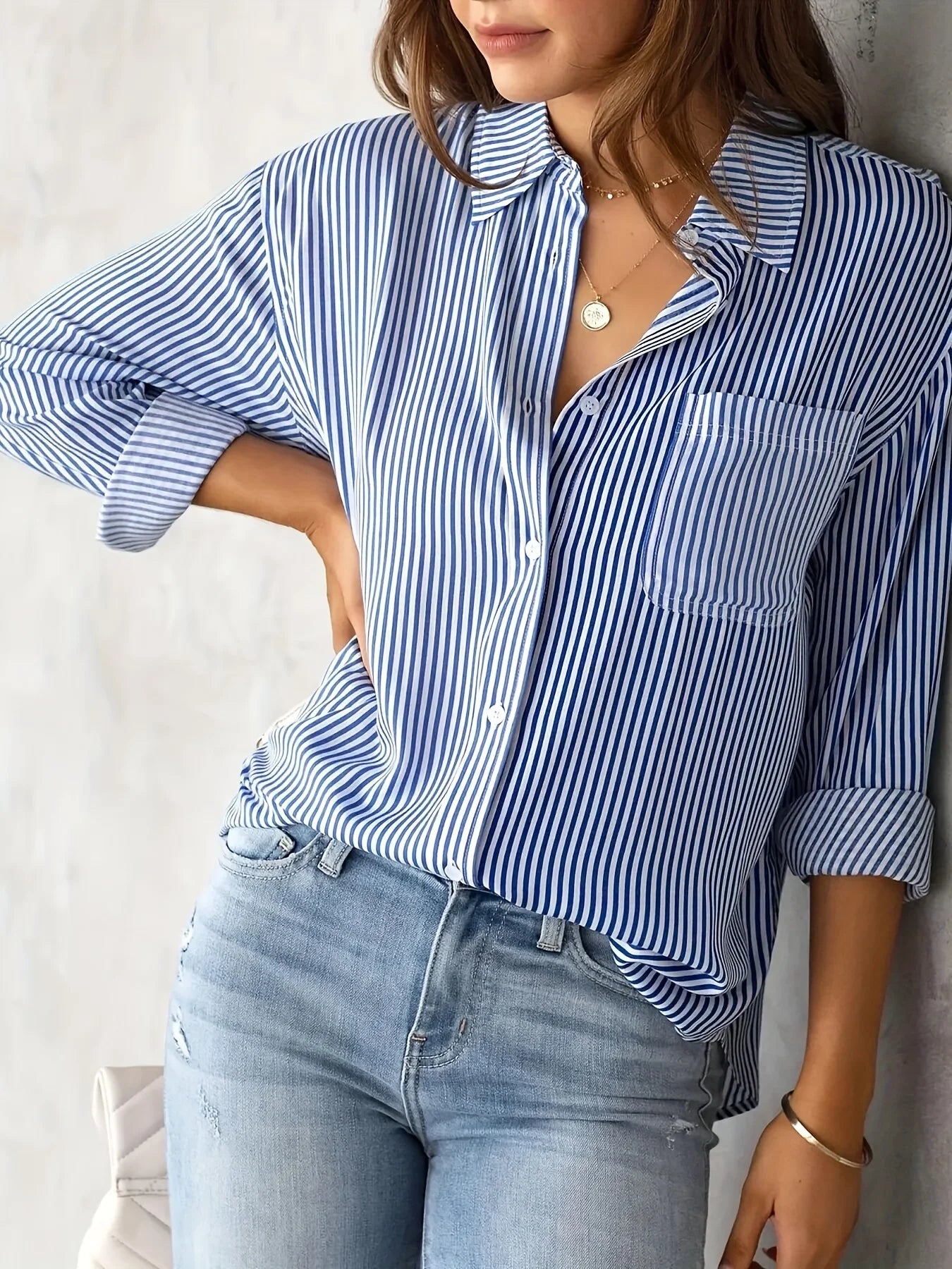 Women's striped shirt with pockets-long sleeves, casual and comfortable, suitable for all seasons