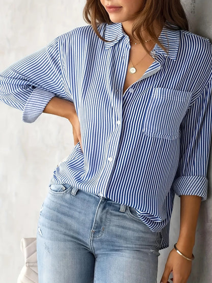 Women's striped shirt with pockets-long sleeves, casual and comfortable, suitable for all seasons