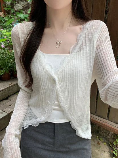 Lace Trim One Button Long Sleeve Crop Top Women Short Sleeve Open Front Ribbed Knit Cardigan Sweater Summer Fairycore Outfit
