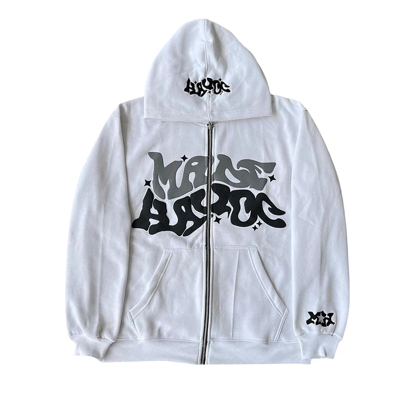 Men Women Hoodie Long Sleeve Letters Print Zipper Closure