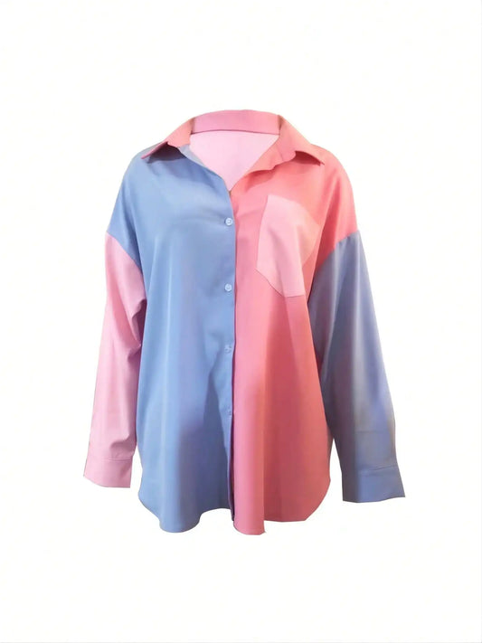 2025 New Women's Color Block Long-sleeved Button Shirt Oversized Loose Lapel Casual Shirt Jacket
