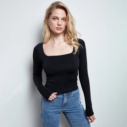 Women Black Crop Top Long Sleeve Square Neck