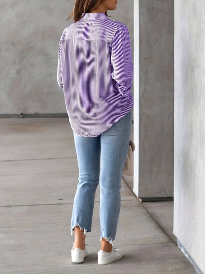 Women's striped shirt with pockets-long sleeves, casual and comfortable, suitable for all seasons