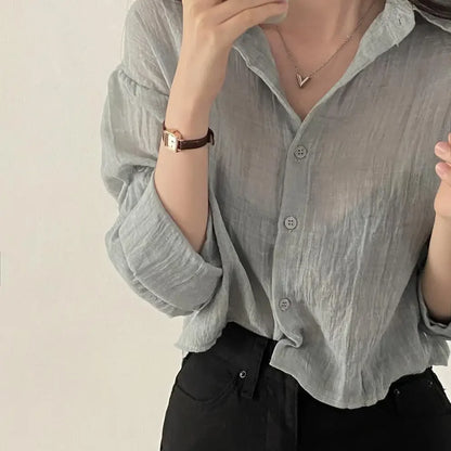 Trendy Shirt Blouse Simple Thin Pure Color