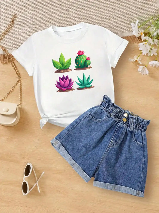 Tween Girls Cotton T-Shirt, White Tee With Succulent Prints, Comfy & Cute Summer Garden Art Print Tops