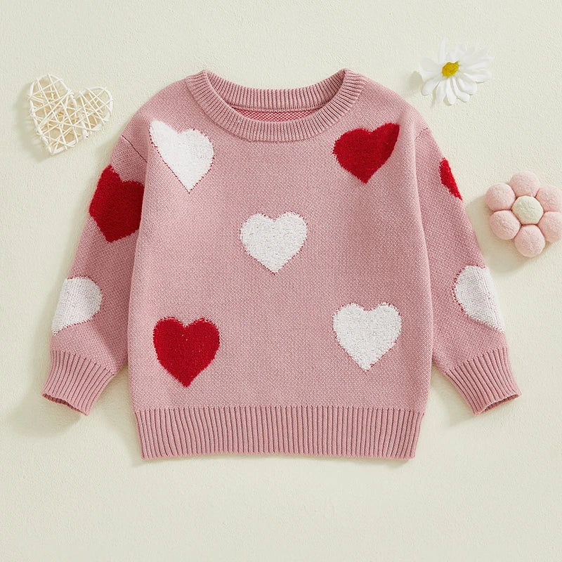 Kids Girls Pullover Sweater Casual Heart Pattern Warm Knitted Long Sleeves Infant Knitwear for Toddler