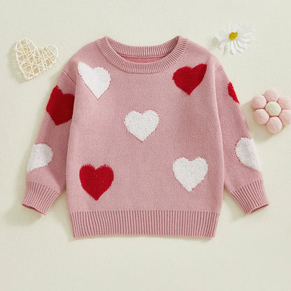 Kids Girls Pullover Sweater Casual Heart Pattern Warm Knitted Long Sleeves Infant Knitwear for Toddler