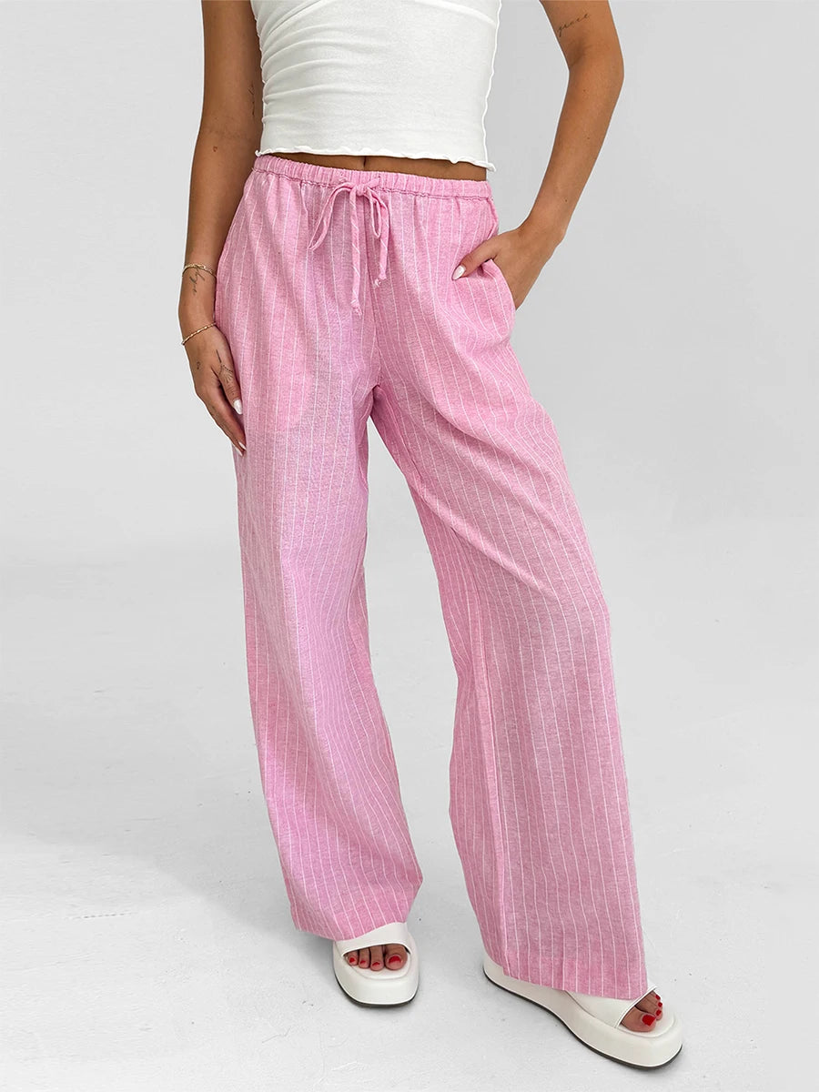 Women s Striped Loose Fit Pants with Drawstring Waist and Elastic Cuffs Lightweight Spring Fall Casual Trousers for Comfort