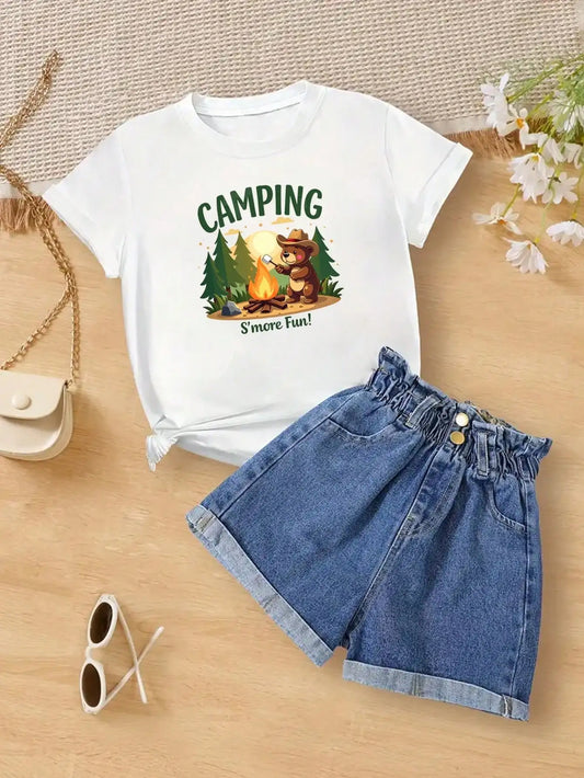 Tween Girls [Cotton T-Shirt Pattern] White Cotton T-Shirt,  Tee With Bear And Campfire Illustration
