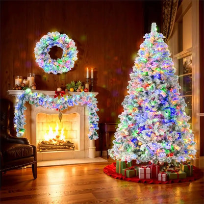 6FT Snow Flocked Christmas Tree Set, Pre-Lit with Garland & Wreath