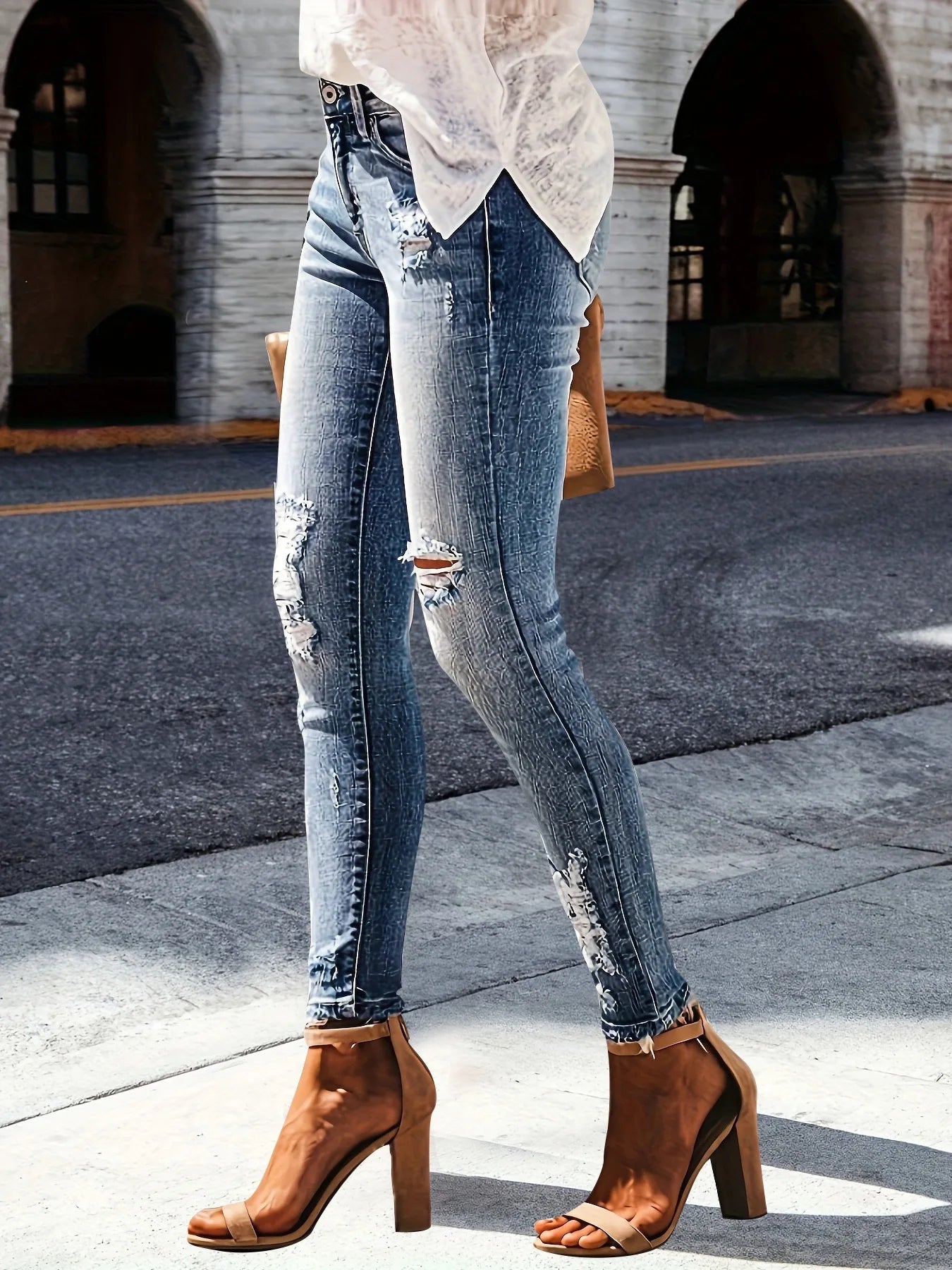 Women's High Waisted Ripped Tight Jeans
