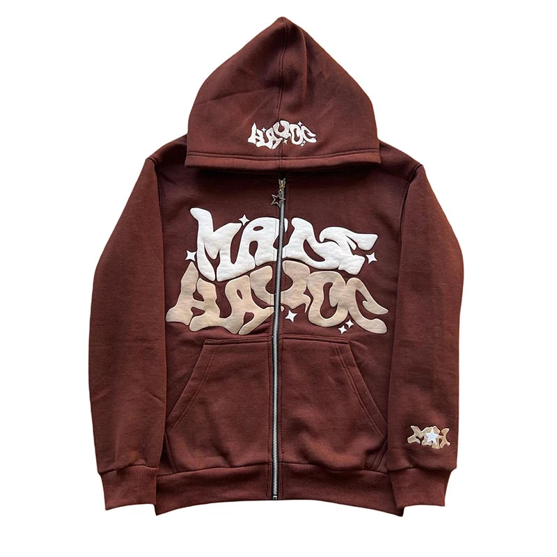 Men Women Hoodie Long Sleeve Letters Print Zipper Closure