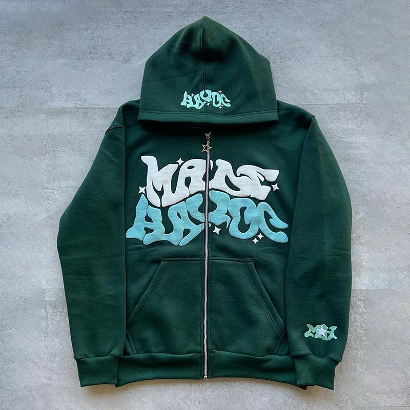 Men Women Hoodie Long Sleeve Letters Print Zipper Closure