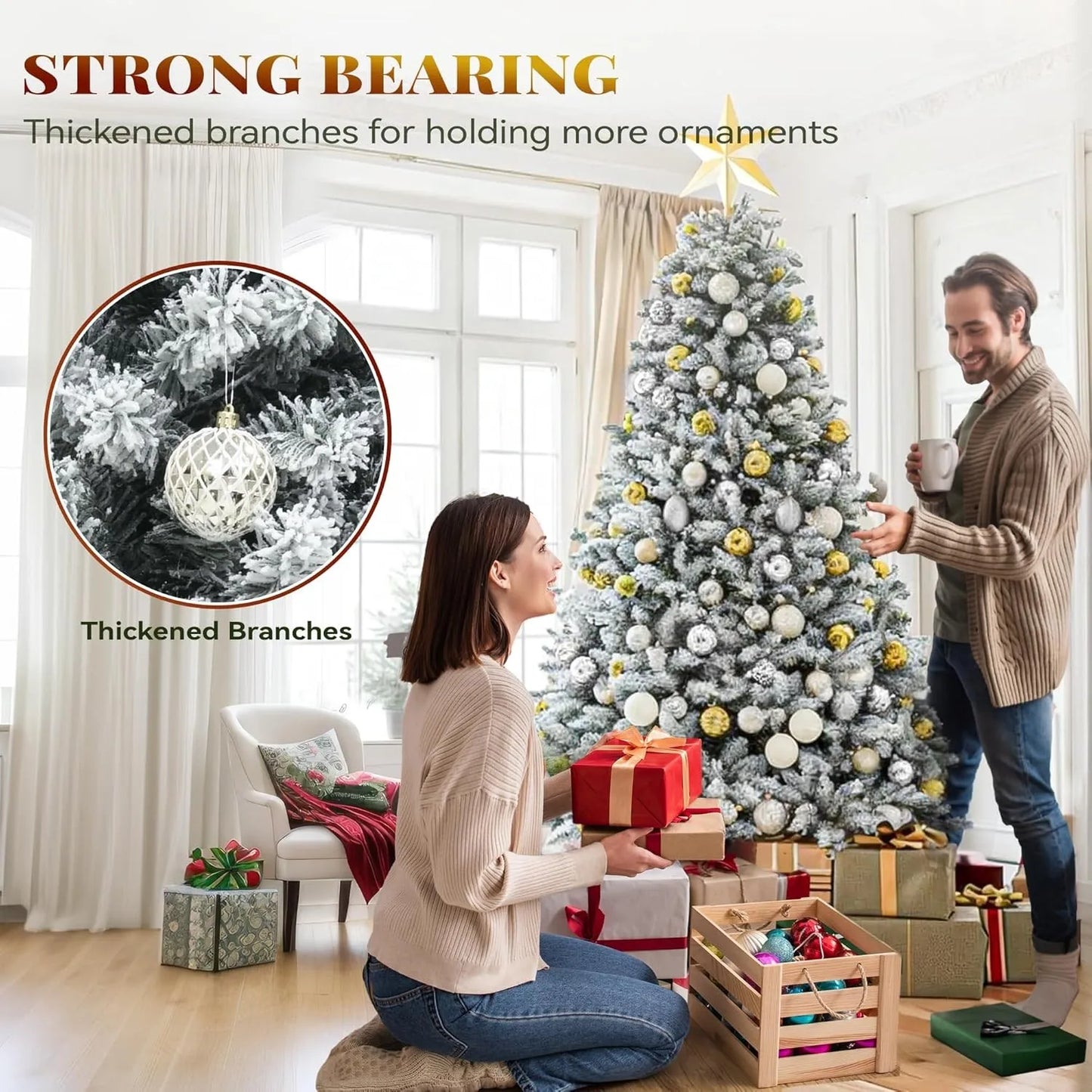 9ft Prelit Snow Flocked Christmas Tree with Remote Hinged Pine Christmas Tree