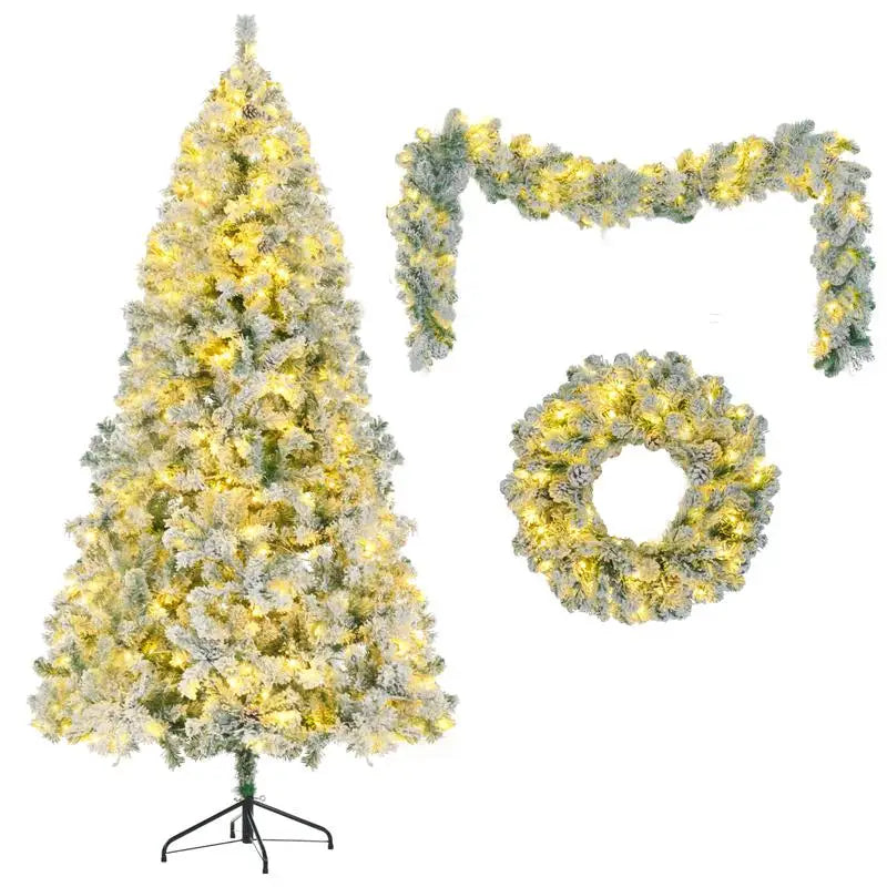 6FT Snow Flocked Christmas Tree Set, Pre-Lit with Garland & Wreath