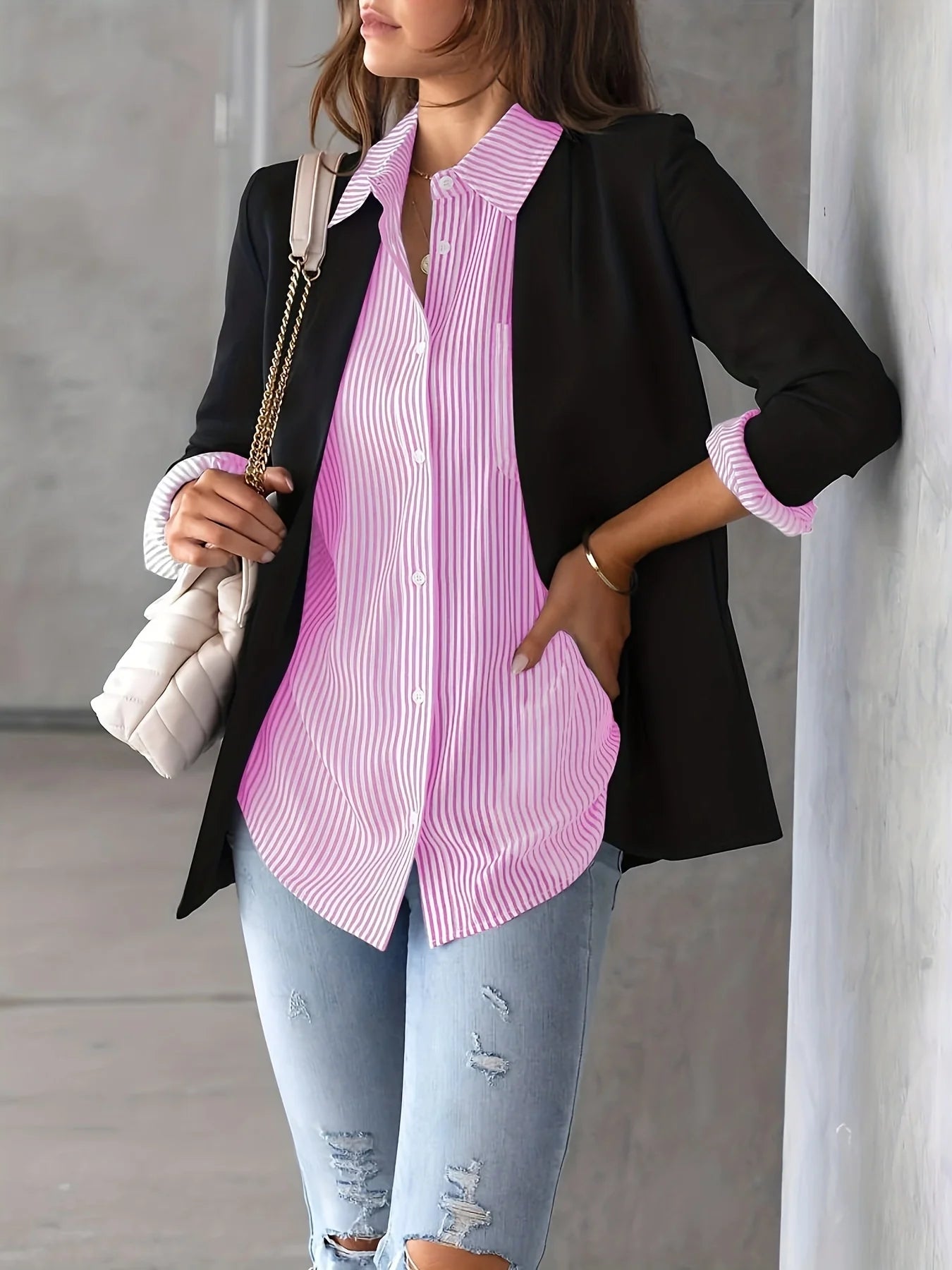 Women's striped shirt with pockets-long sleeves, casual and comfortable, suitable for all seasons