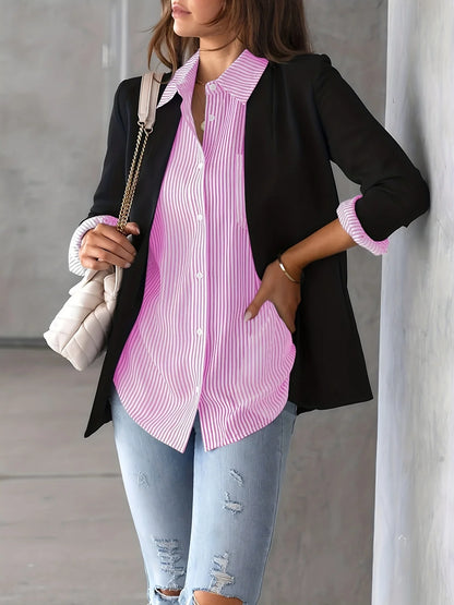 Women's striped shirt with pockets-long sleeves, casual and comfortable, suitable for all seasons