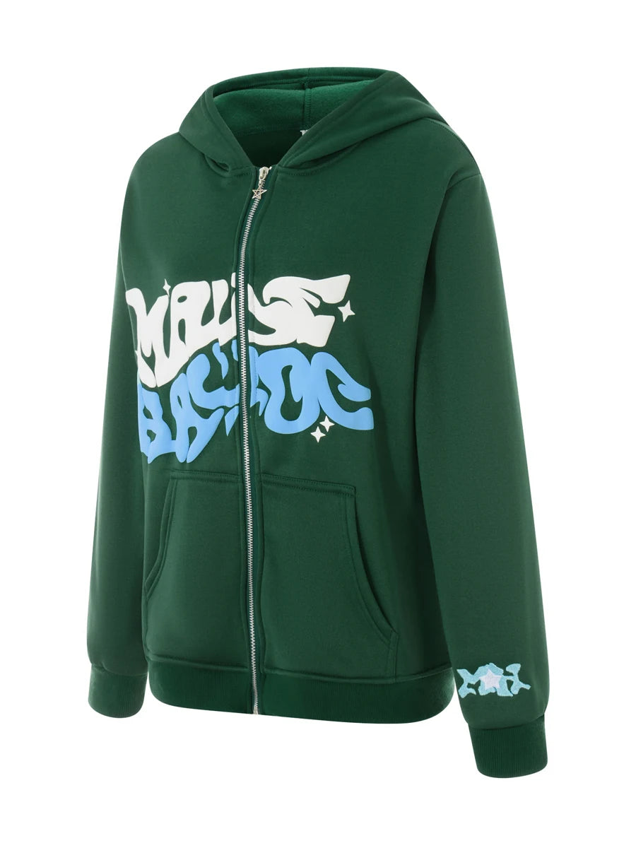 Men Women Hoodie Long Sleeve Letters Print Zipper Closure