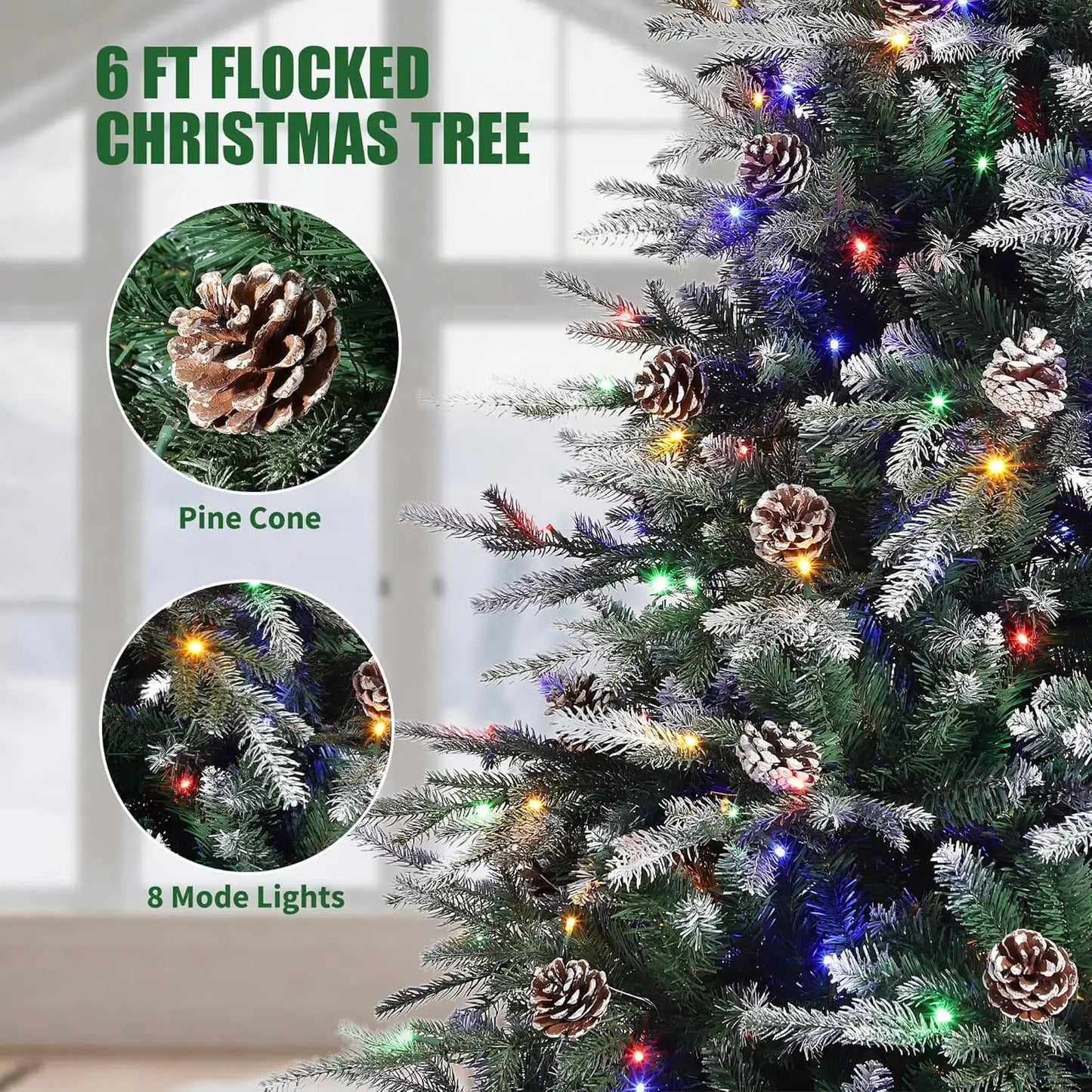 6Ft/7.5Ft/Pre-Lit Snow Flocked Christmas Tree 8-Modes LED Lights