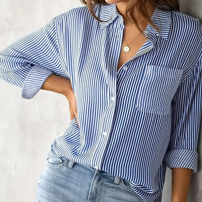 Women's striped shirt with pockets-long sleeves, casual and comfortable, suitable for all seasons