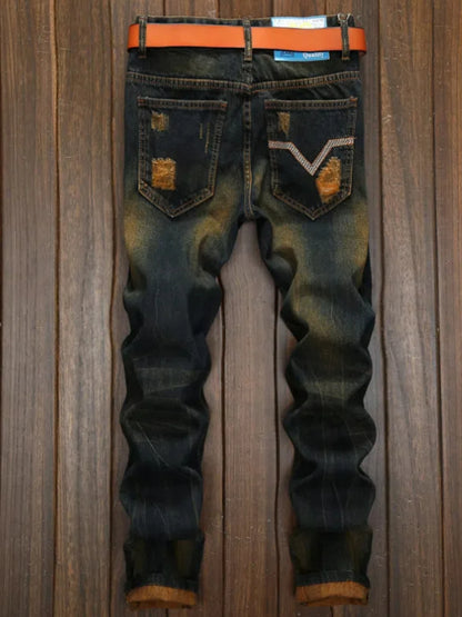 Men's Straight Fit Ripped Old Jeans With Patch Pants