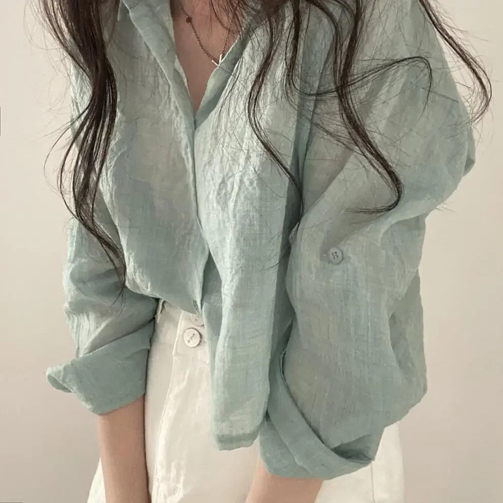 Trendy Shirt Blouse Simple Thin Pure Color