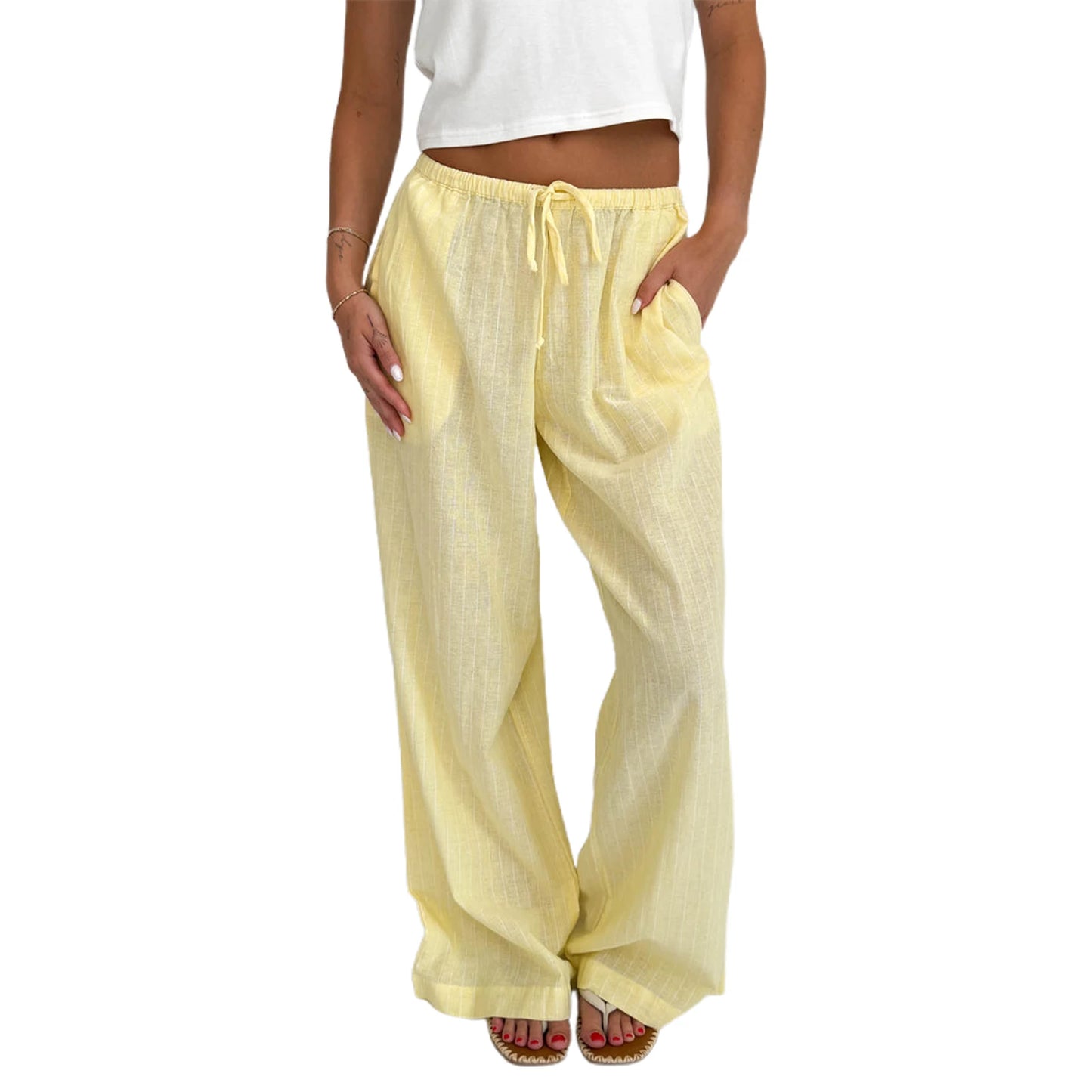 Women s Striped Loose Fit Pants with Drawstring Waist and Elastic Cuffs Lightweight Spring Fall Casual Trousers for Comfort