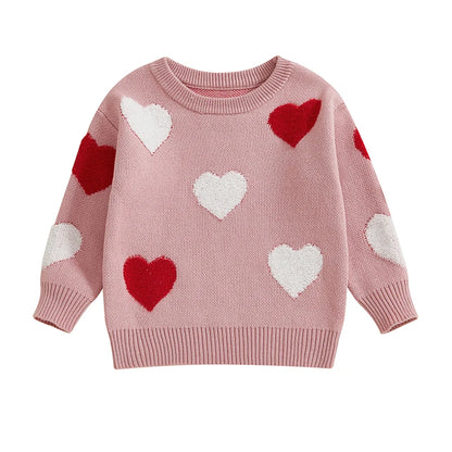 Kids Girls Pullover Sweater Casual Heart Pattern Warm Knitted Long Sleeves Infant Knitwear for Toddler