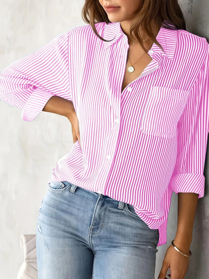 Women's striped shirt with pockets-long sleeves, casual and comfortable, suitable for all seasons