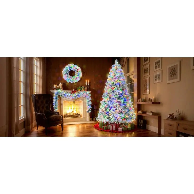 6FT Snow Flocked Christmas Tree Set, Pre-Lit with Garland & Wreath