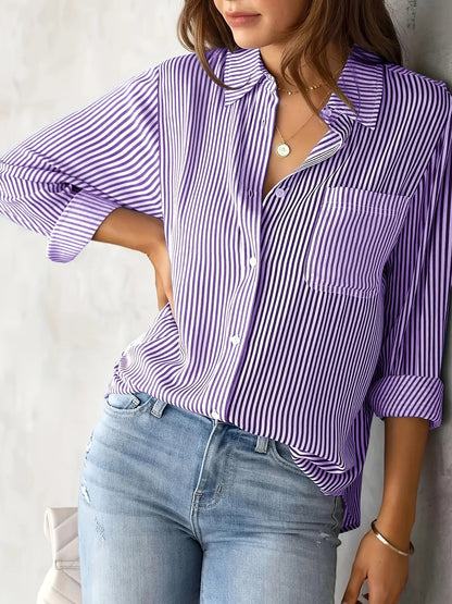 Women's striped shirt with pockets-long sleeves, casual and comfortable, suitable for all seasons