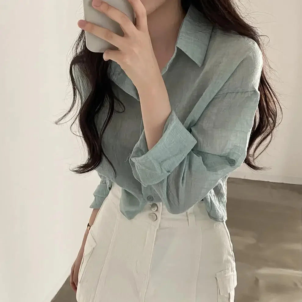Trendy Shirt Blouse Simple Thin Pure Color