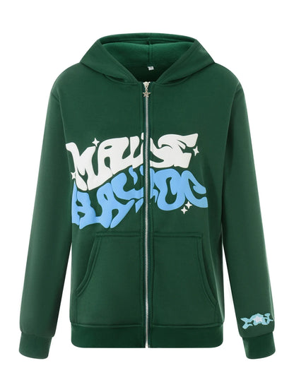 Men Women Hoodie Long Sleeve Letters Print Zipper Closure