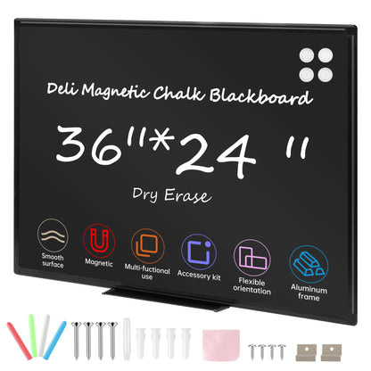 Deli Magnetic Blackboard Dry Erase Board, 36" x 24" Wall Mounted Black Board with Aluminium Frame for School and Home