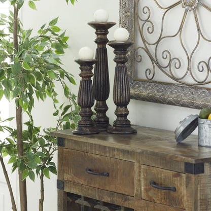 Dark Brown Mango Wood Candle Holder, Set of 3