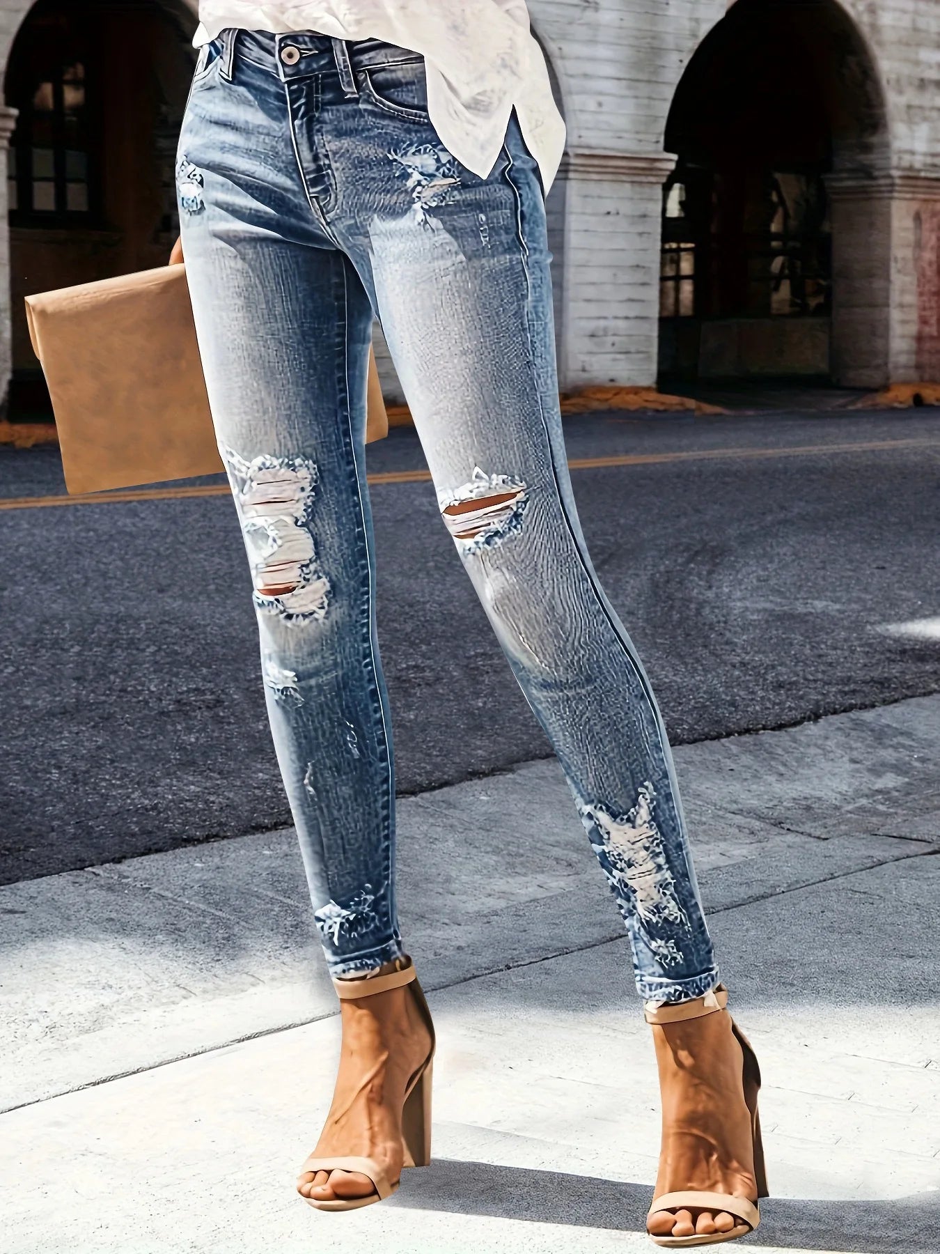 Women's High Waisted Ripped Tight Jeans